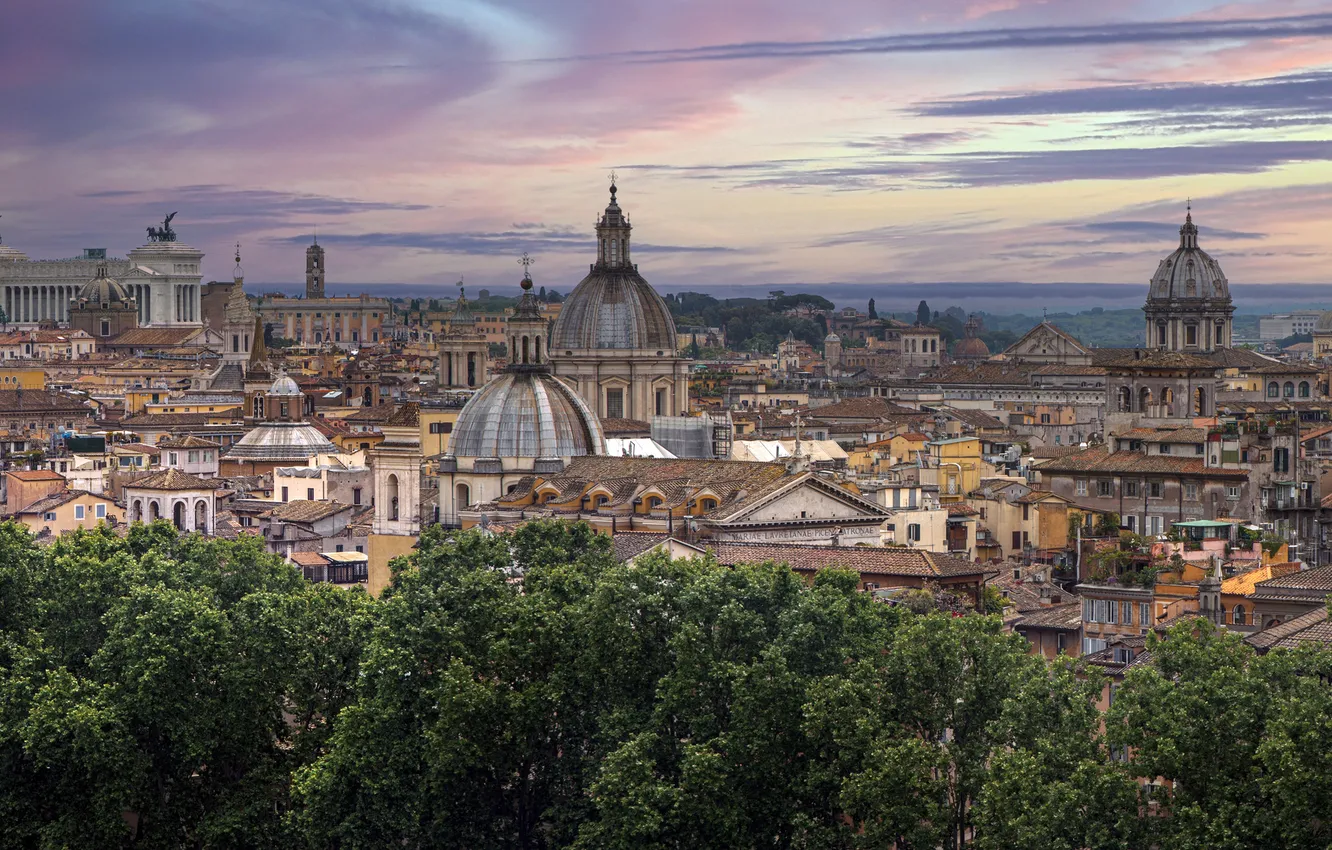 Photo wallpaper domes, Italy, home, trees, panorama, Rome, Rome, building