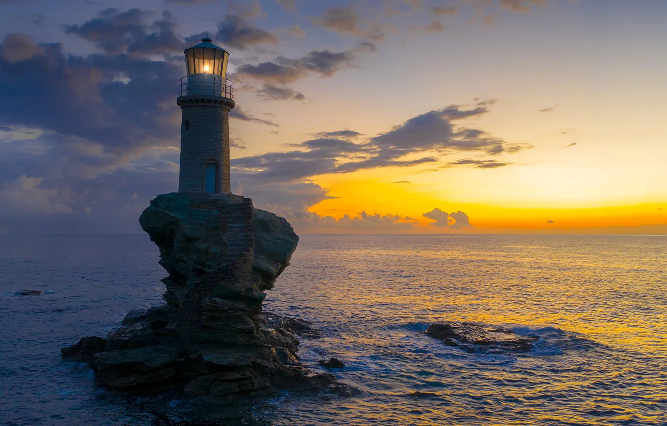 Photo wallpaper the sky, clouds, sunset, the ocean, rocks, lighthouse, dal, horizon