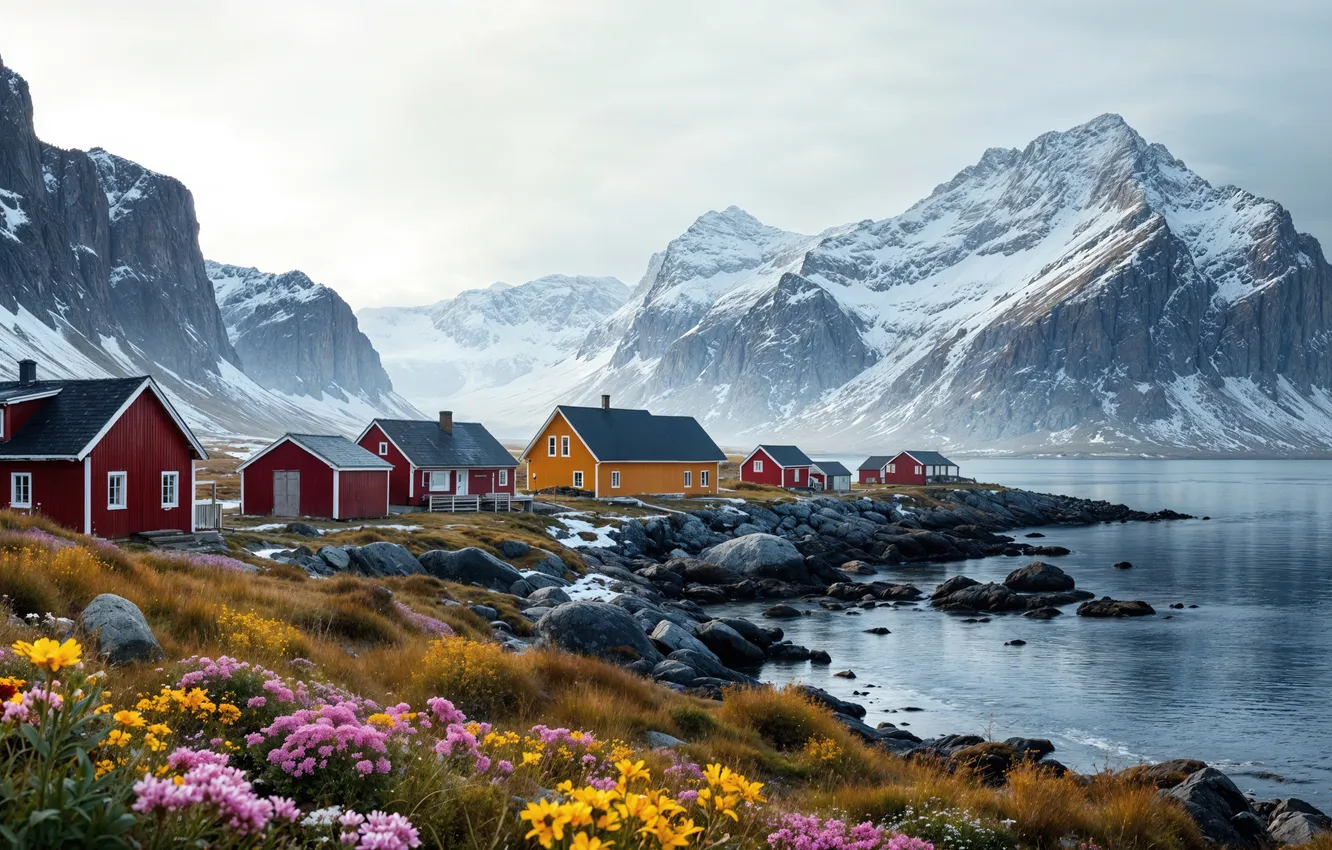 Photo wallpaper winter, snow, flowers, mountains, shore, house, river, landscape