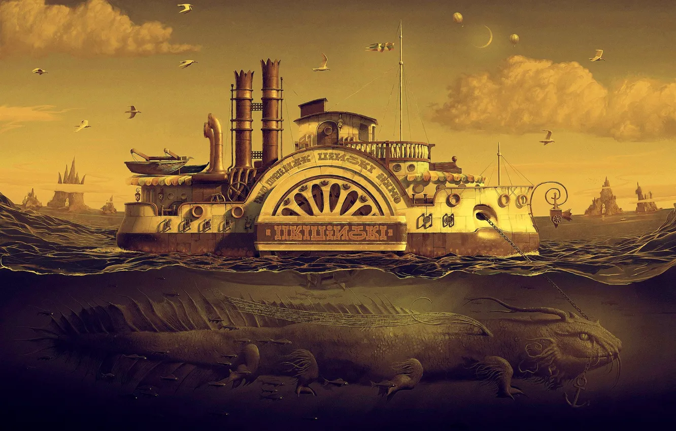 Photo wallpaper sea, dragon, seagulls, steamer, chain, 25kartinok, andrew ferez, Andrew feres