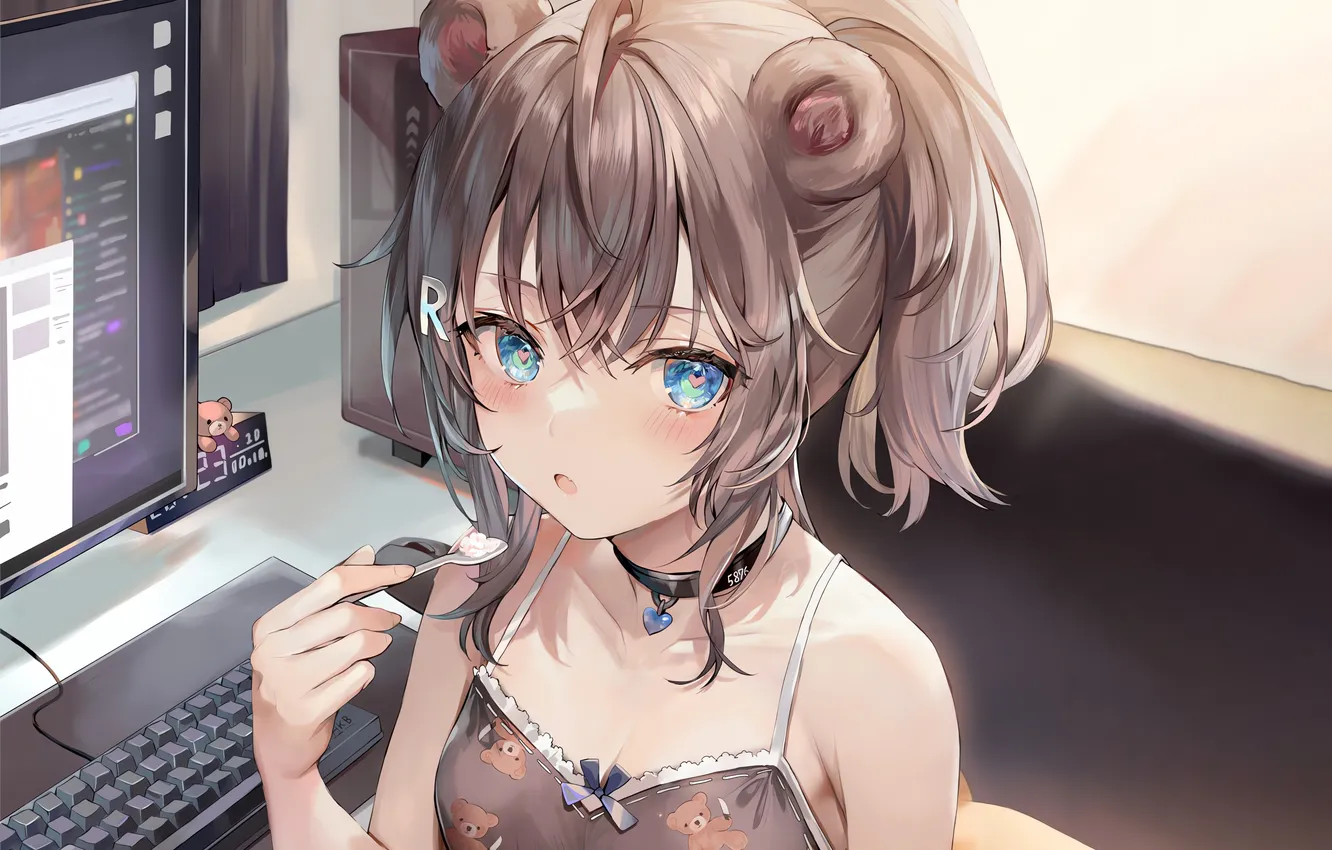 Photo wallpaper girl, blouse, boobs, animal ears, computer, anime, beautiful, short hair