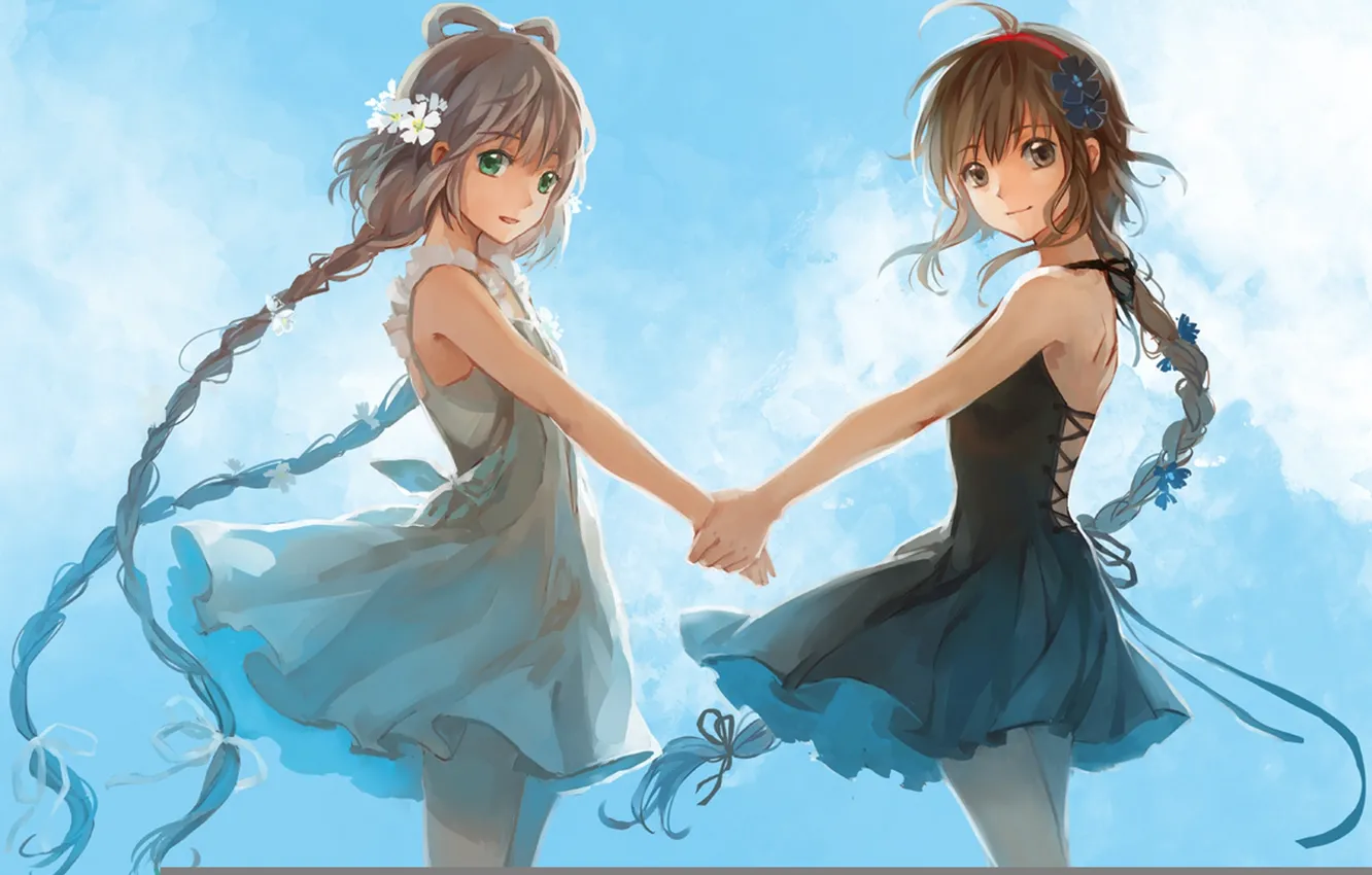 Photo wallpaper the sky, clouds, flowers, smile, girls, anime, art, braids