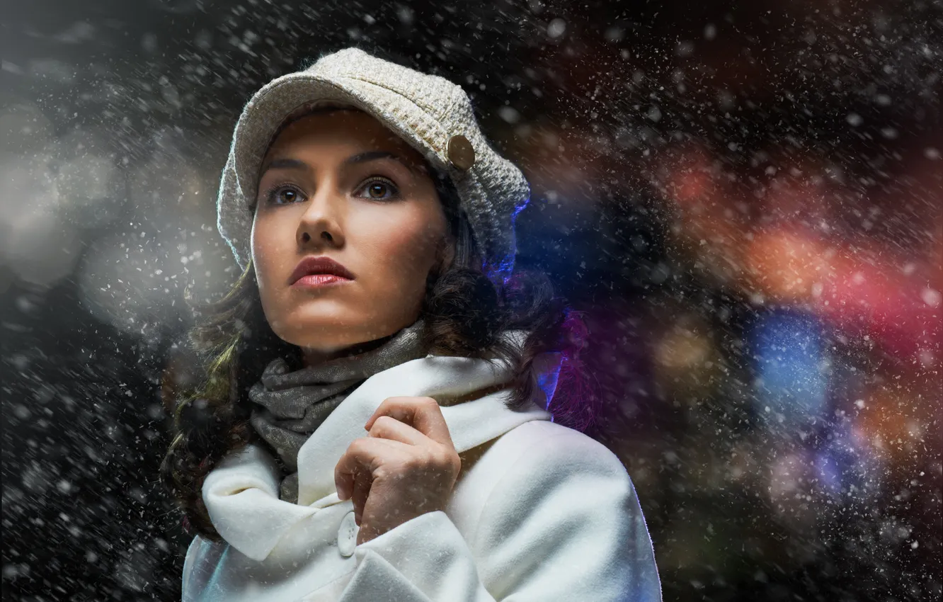 Photo wallpaper look, girl, snow, reverie, brown hair, scarf, coat, cap