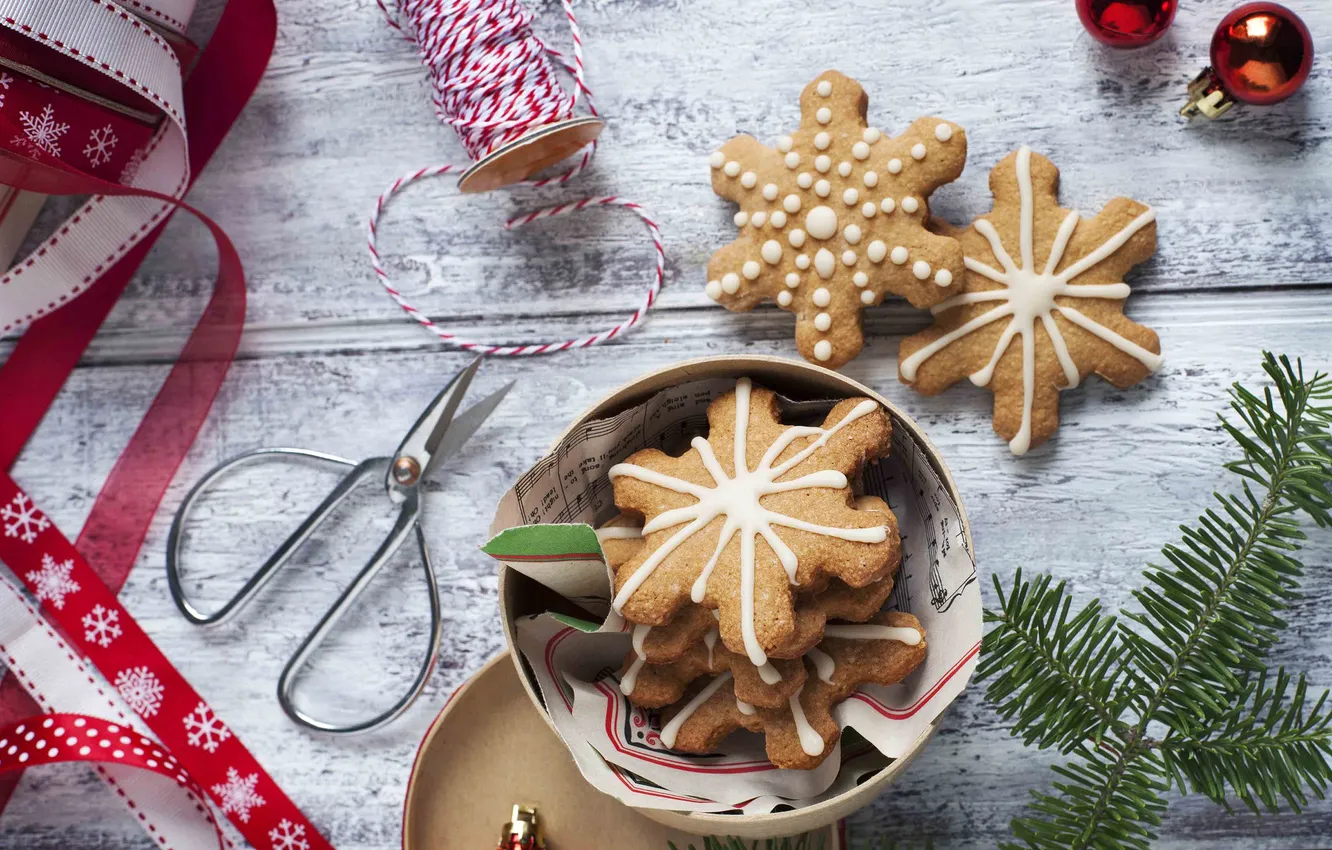 Photo wallpaper winter, snowflakes, branches, holiday, new year, food, spruce, cookies