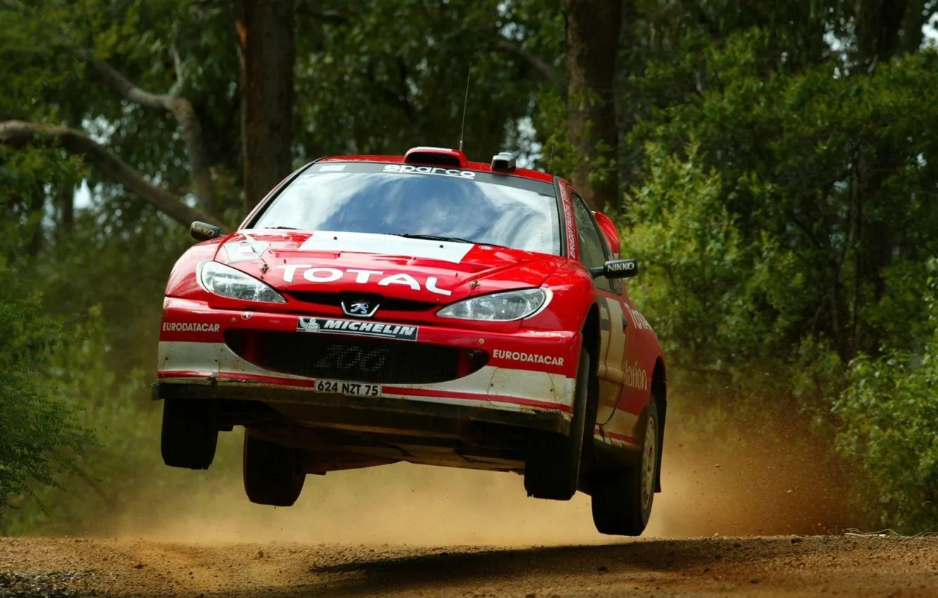 Photo wallpaper car, auto, jump, Peugeot, gravel, WRC, jump, Rally