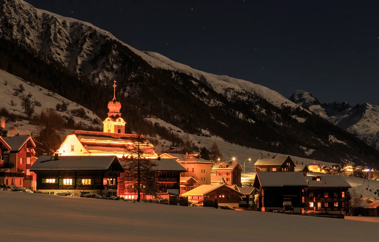 Photo wallpaper winter, forest, the sky, stars, snow, mountains, night, lights