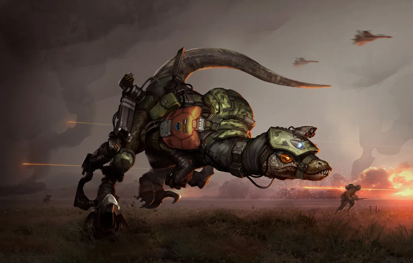 Photo wallpaper field, fiction, war, art, Raptor, special forces, riot, dinosaur