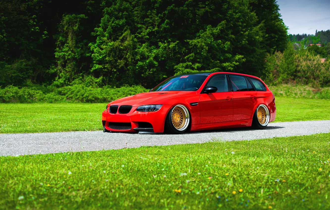 Photo wallpaper BMW, Red, Grass, Green, Color, Stance, Low, E91