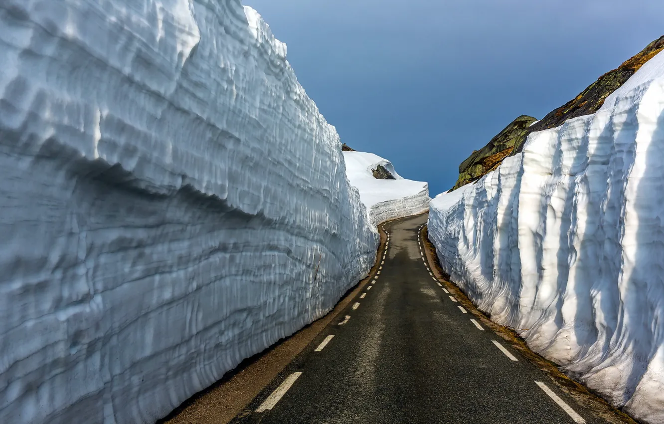 Photo wallpaper road, snow, landscape, mountains