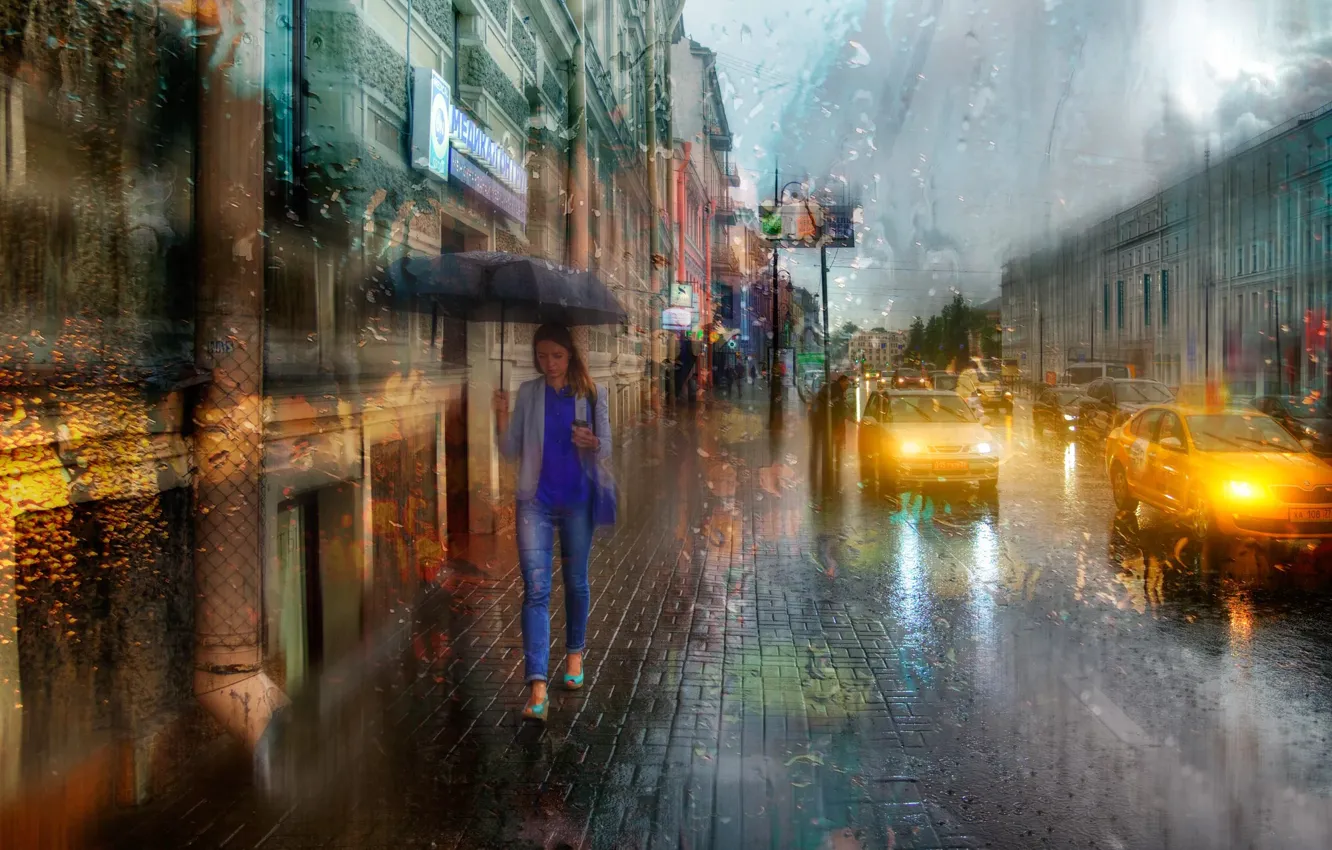 Photo wallpaper girl, drops, rain, umbrella, Saint Petersburg, rain in Saint Petersburg