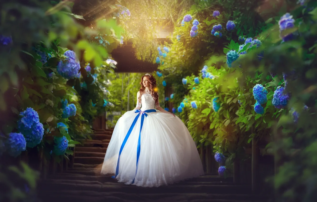 Photo wallpaper girl, flowers, hair, dress, ladder, wedding, hydrangea, Ekaterina Skorobogatova