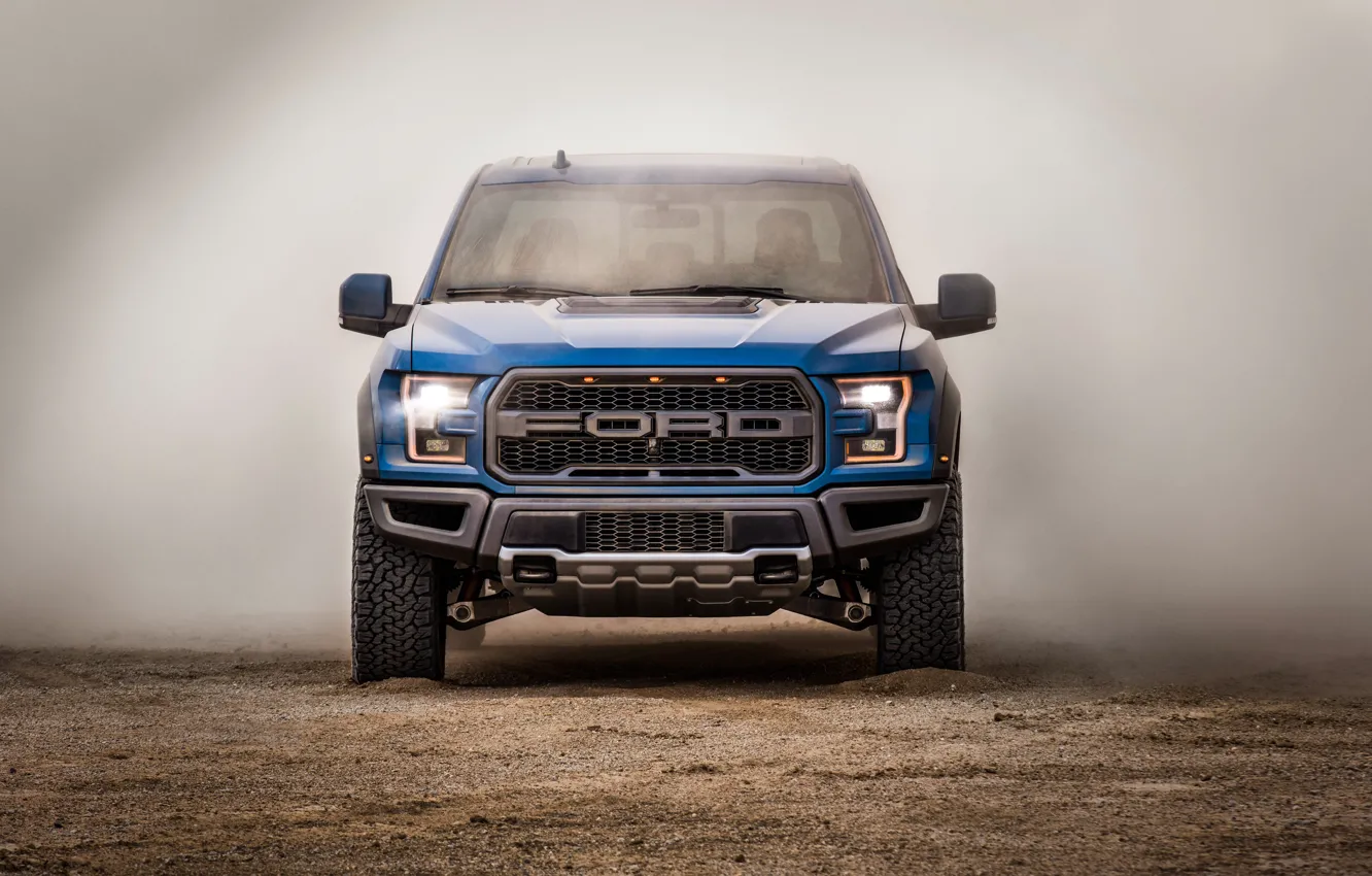 Photo wallpaper Ford, dust, front view, Raptor, pickup, F-150, SuperCrew, 2019