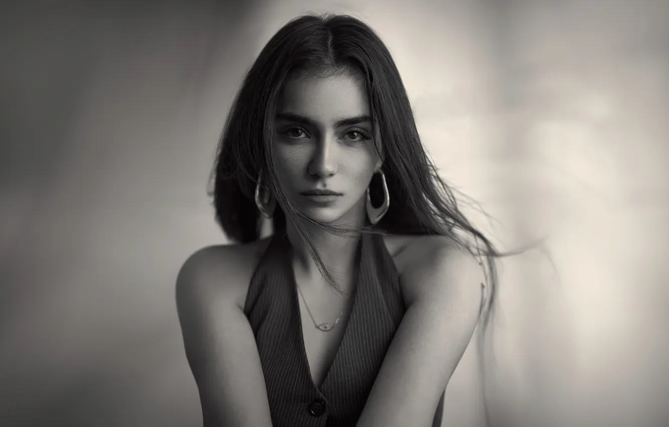 Photo wallpaper girl, monochrome, nose, pierced