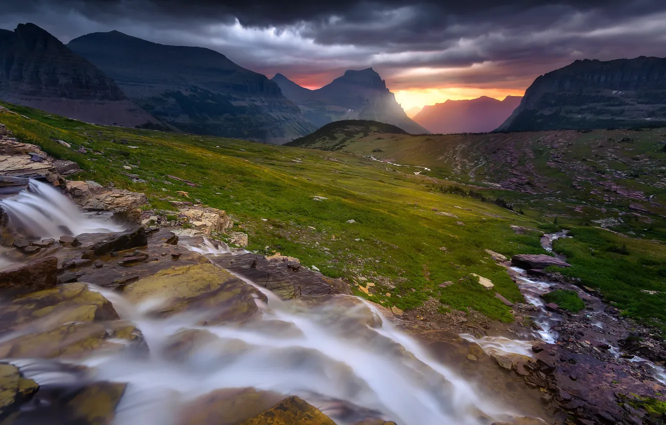 Photo wallpaper light, mountains, tops, waterfall, slope