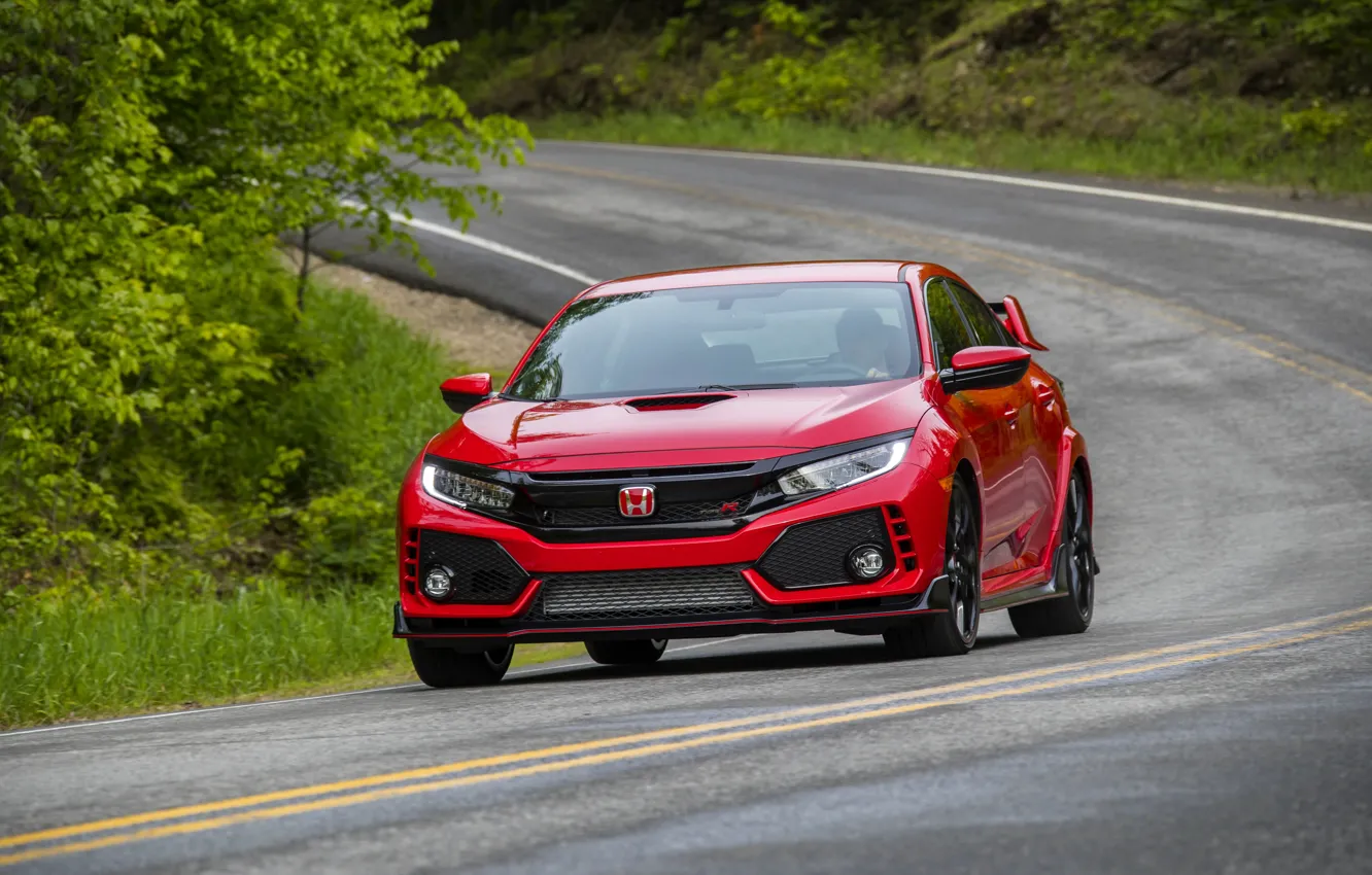 Photo wallpaper road, greens, red, Honda, hatchback, the five-door, 2019, Civic Type R