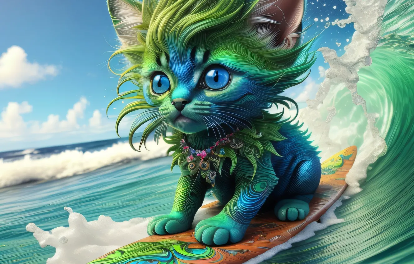 Photo wallpaper sea, wave, cat, style, surfing, kitty, surfer, AI art