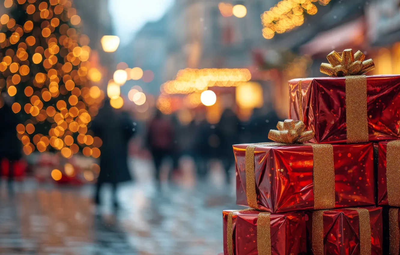 Photo wallpaper road, the city, lights, people, street, Shine, building, Christmas