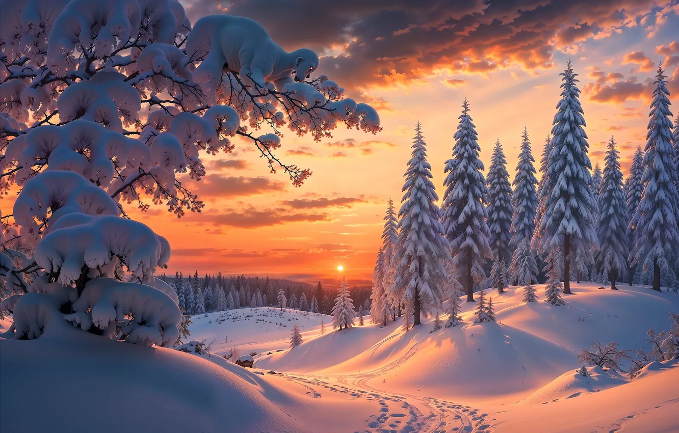 Photo wallpaper winter, frost, forest, the sun, clouds, snow, trees, sunset