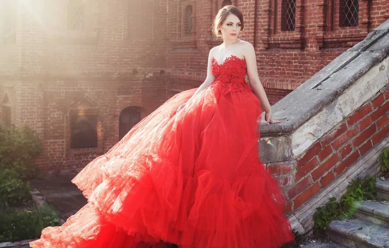 Photo wallpaper girl, red dress, ball gown