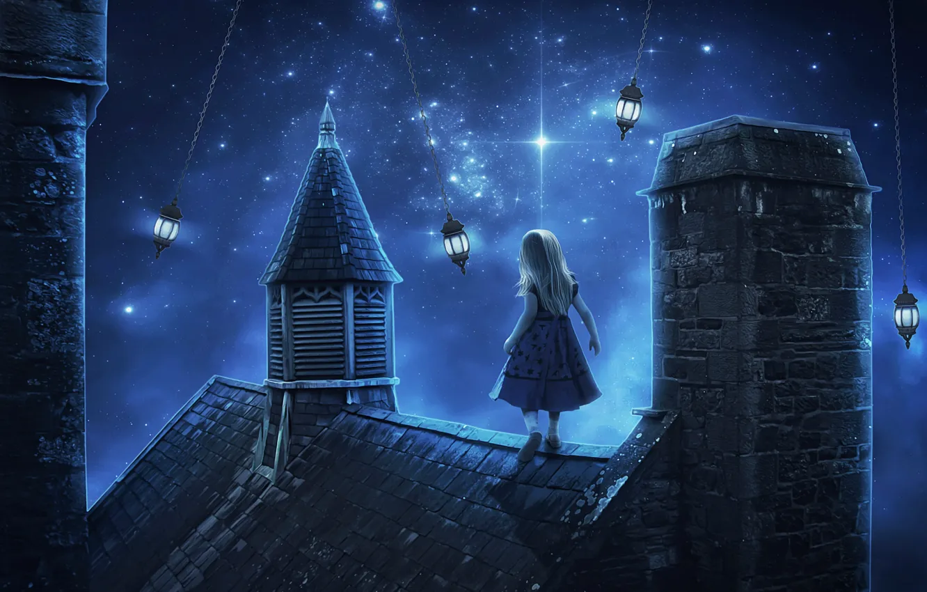 Photo wallpaper baby, on the roof, starry night, lunatic, La Sonnambula, by apanyadng