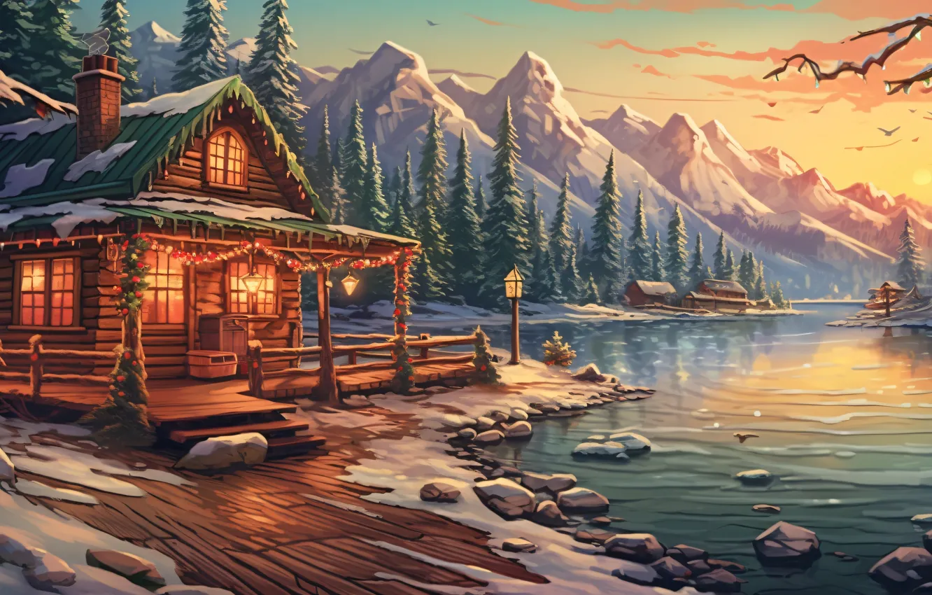 Photo wallpaper winter, snow, holiday, graphics, tree, new year, home, Christmas