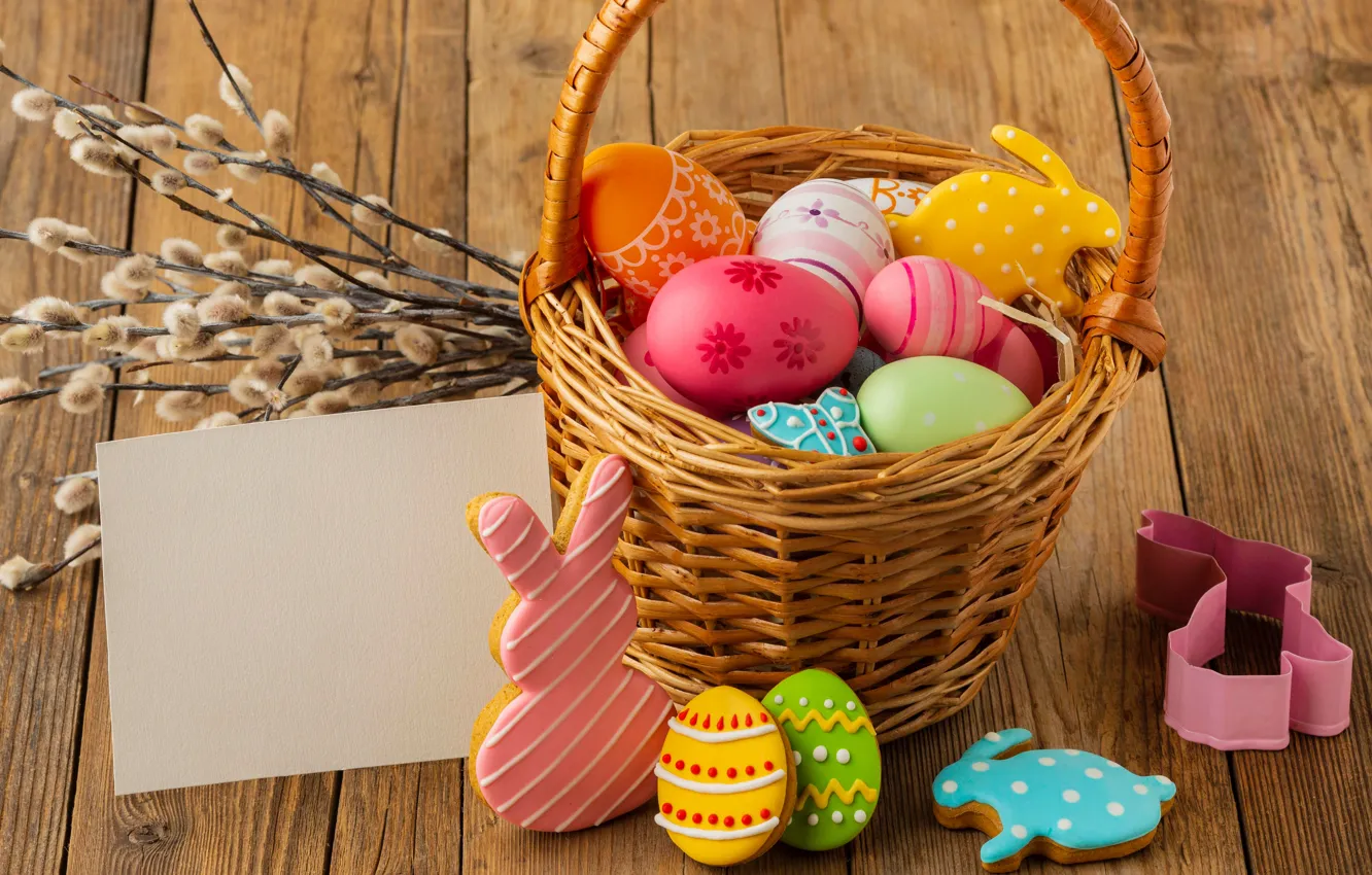 Photo wallpaper branches, Board, eggs, cookies, Easter, basket, eggs