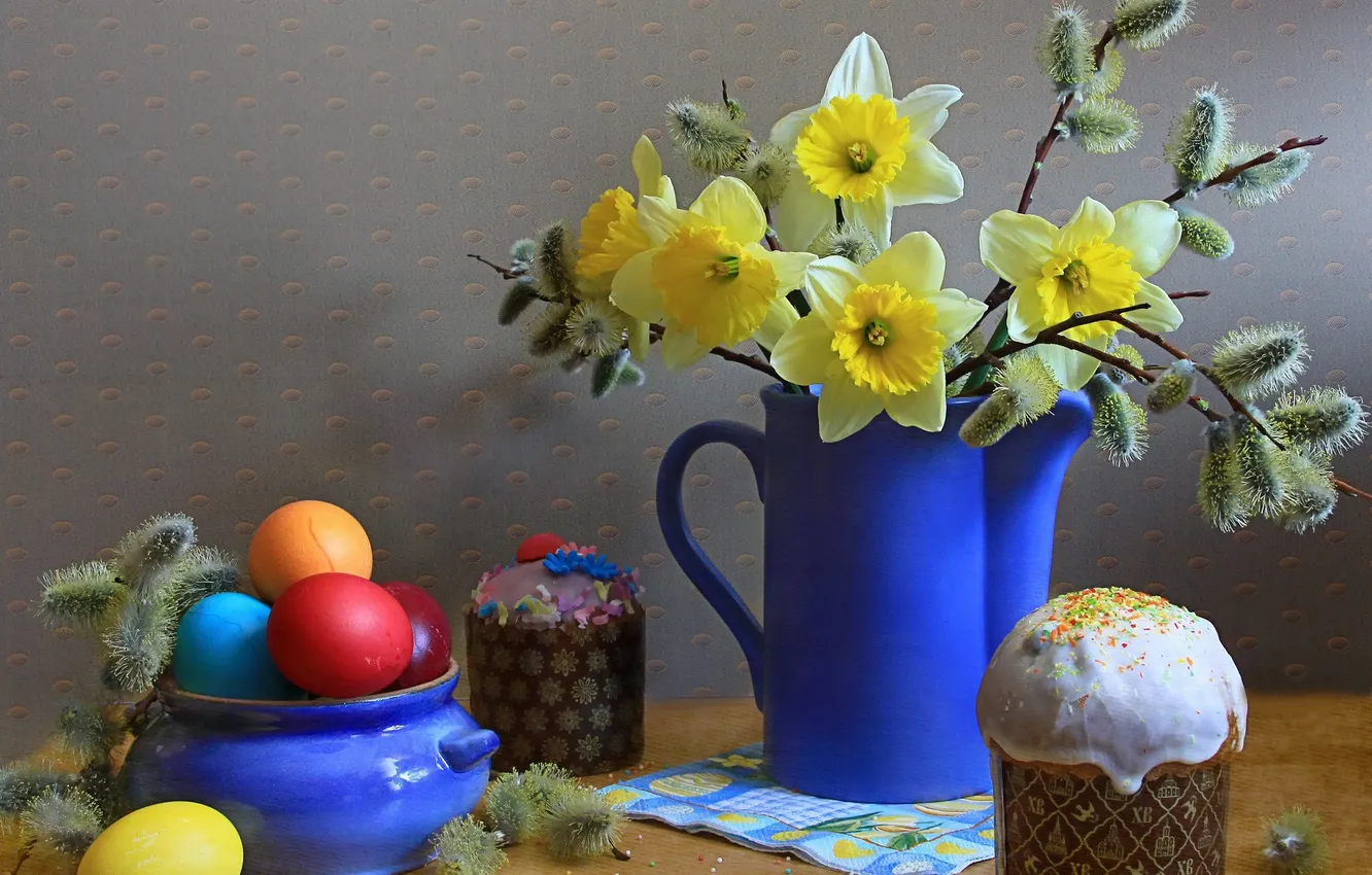 Photo wallpaper eggs, bouquet, spring, Easter, Easter, daffodils, eggs, painted eggs