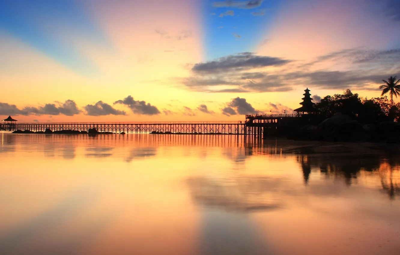 Photo wallpaper ocean, sunset, clouds, pier, Indonesia, Batam Island, Turi Beach Resort