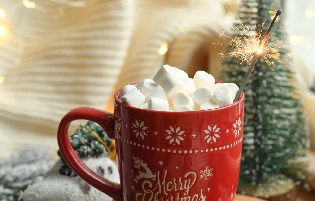 Photo wallpaper Christmas, mug, New year, tree, garland, holidays, Sparkler, marshmallows