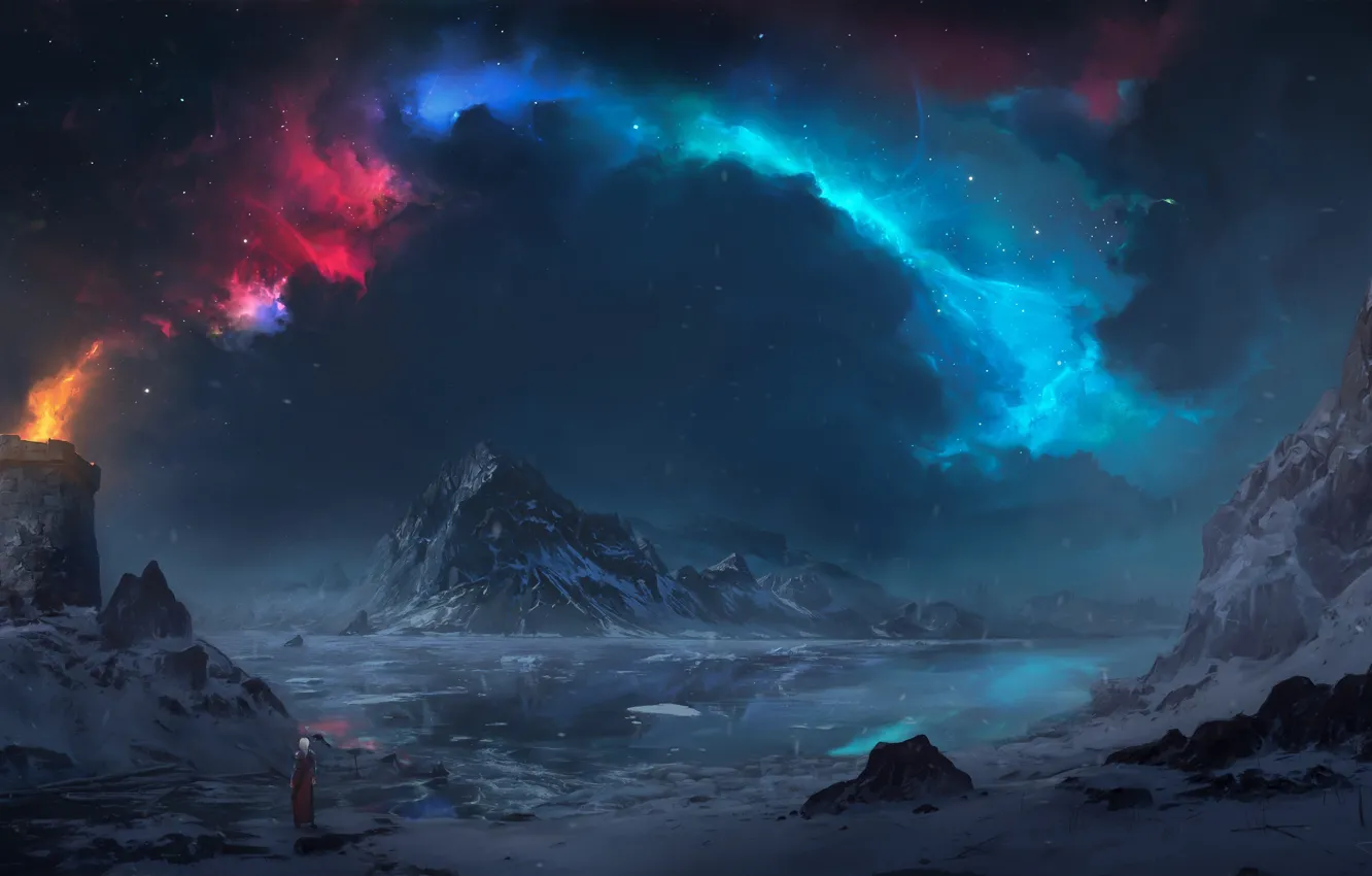 Photo wallpaper ice, winter, the sky, stars, mountains, nebula, tower
