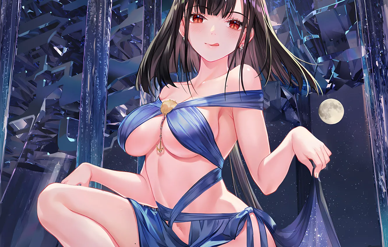 Photo wallpaper girl, moon, sexy, cleavage, long hair, dress, legs, boobs