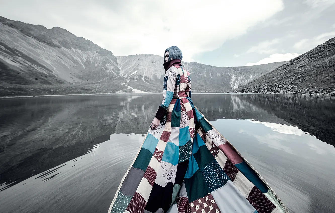 Photo wallpaper girl, lake, cloak