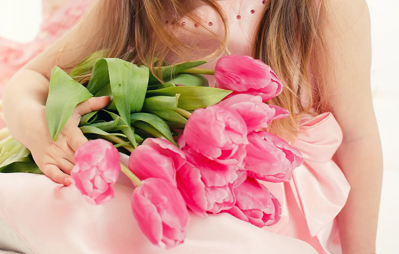 Photo wallpaper girl, flowers, children, tulips