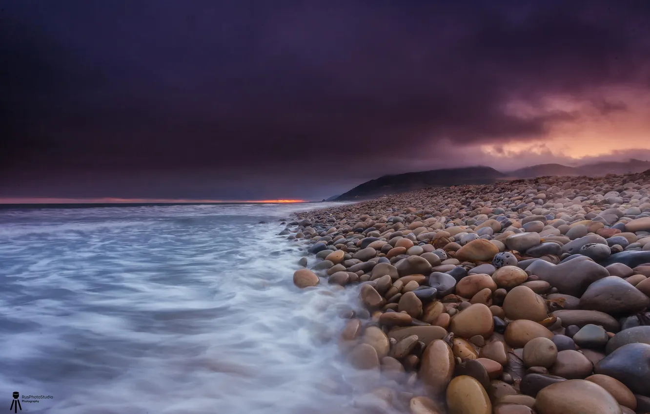 Photo wallpaper sea, beach, sunset, stones, coast
