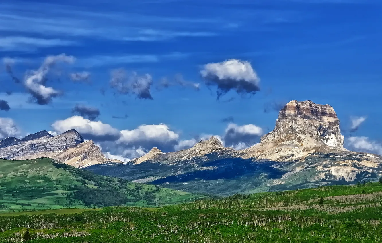Photo wallpaper the sky, clouds, trees, mountains, valley