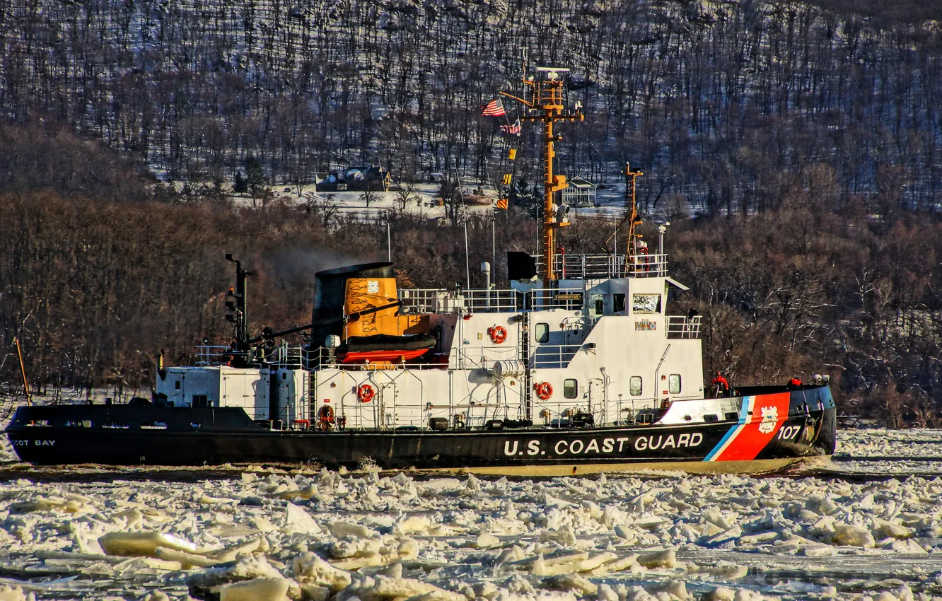 Photo wallpaper river, tug, ice, Hudson, ice class