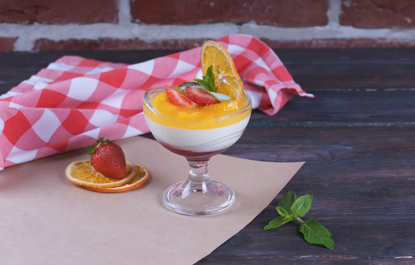 Photo wallpaper orange, strawberry, mint, cream, dessert, slices, jelly
