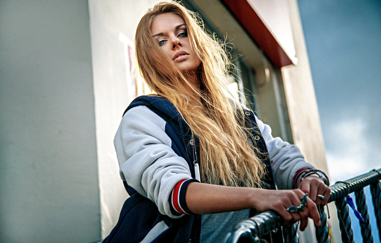 Photo wallpaper look, girl, decoration, building, makeup, ring, jacket, blonde