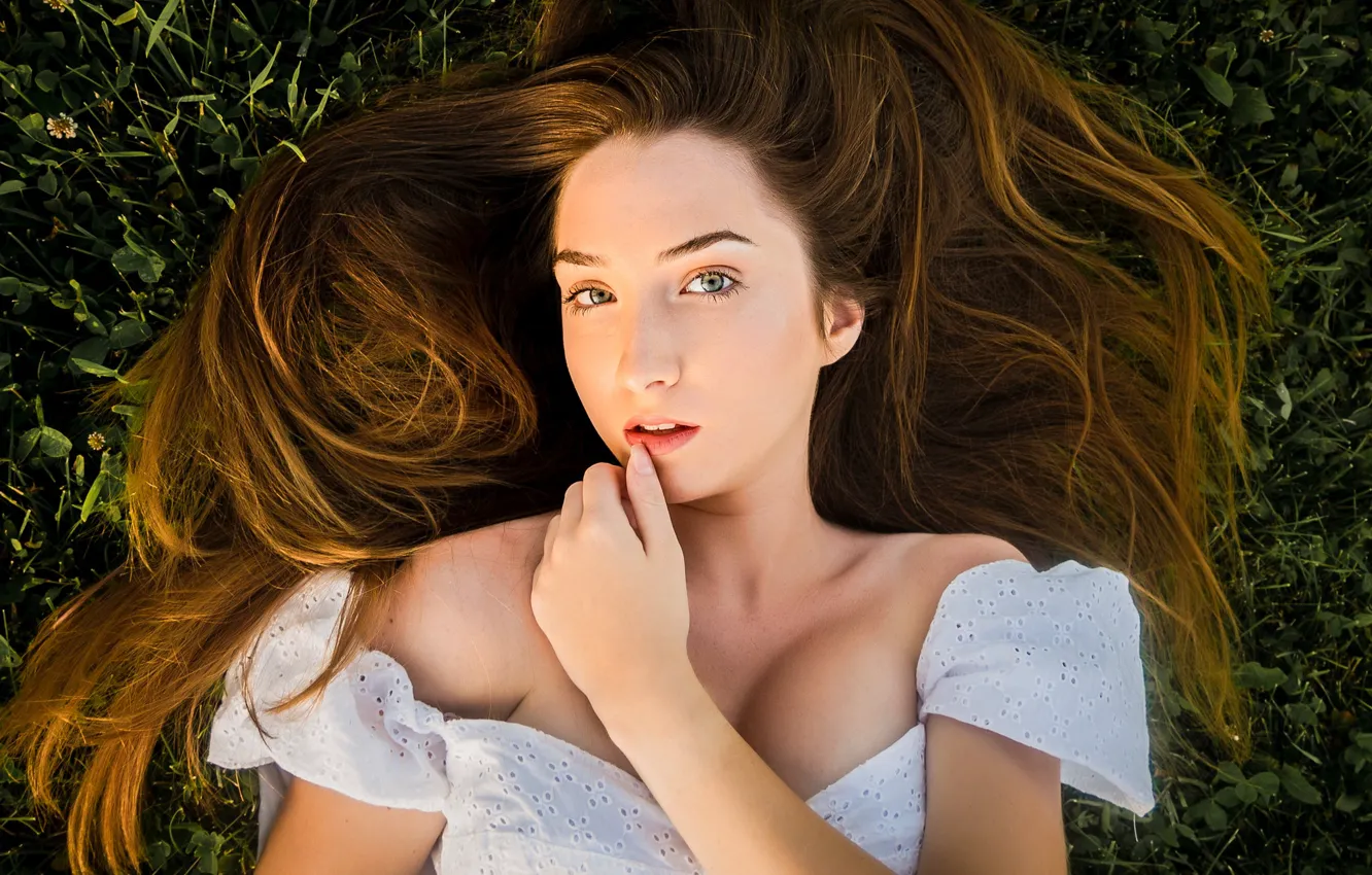 Photo wallpaper grass, look, girl, face, hands, neckline, long hair