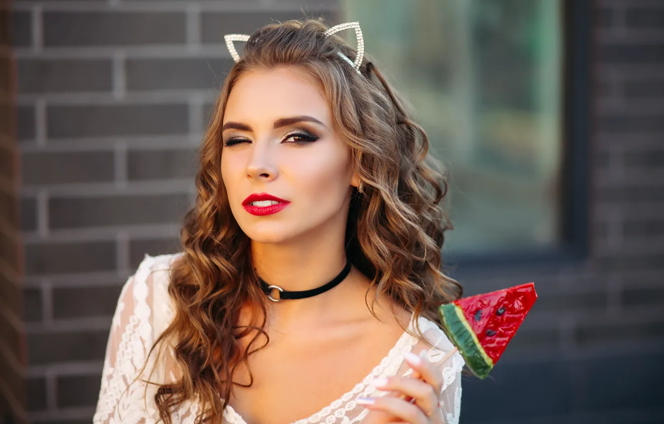 Wallpaper look, girl, face, house, wall, portrait, makeup, watermelon