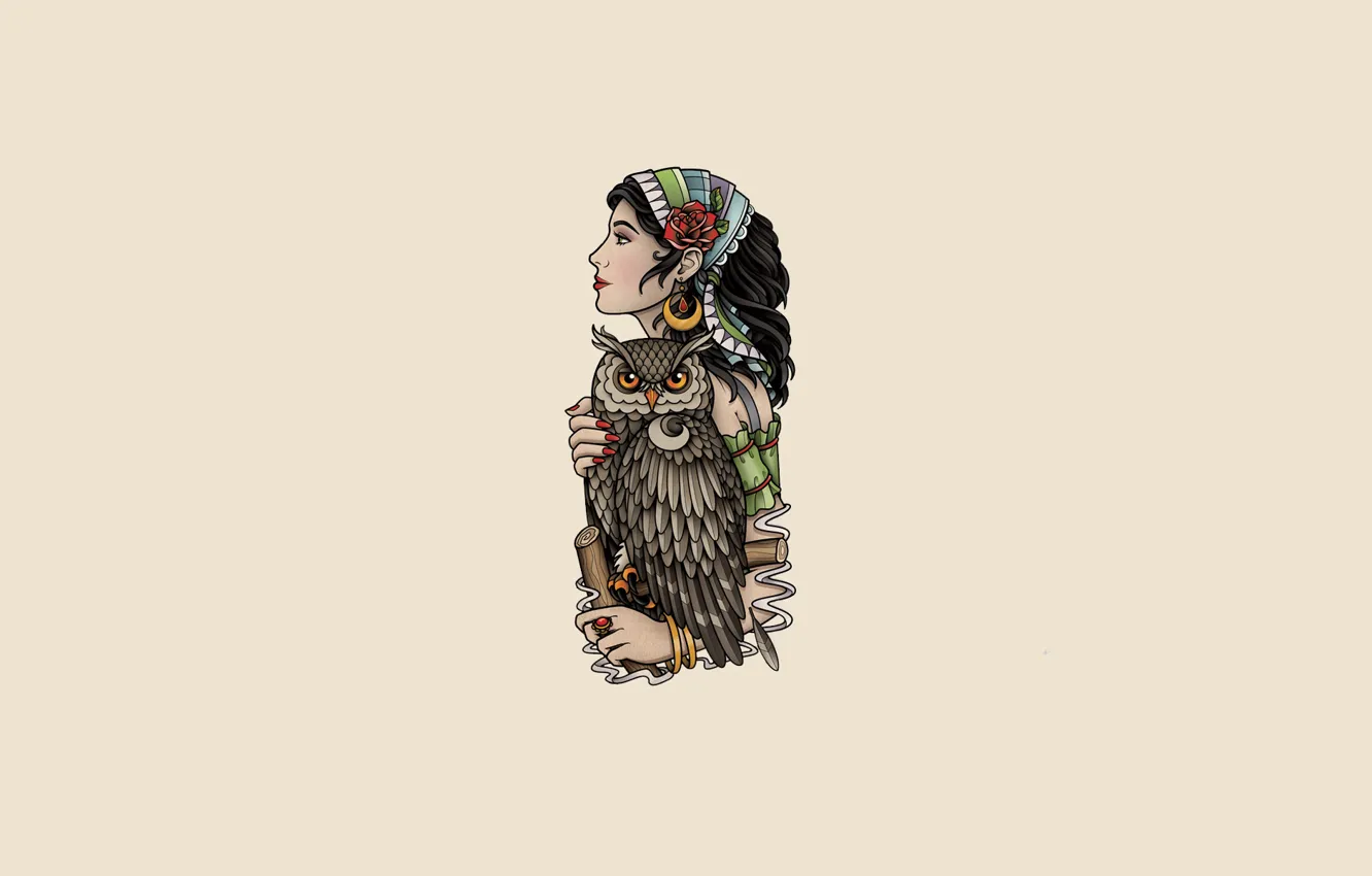Photo wallpaper girl, owl, bird, light background, owl