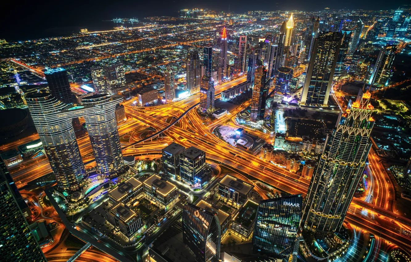 Photo wallpaper night, lights, skyscrapers, panorama, Dubai, Dubai