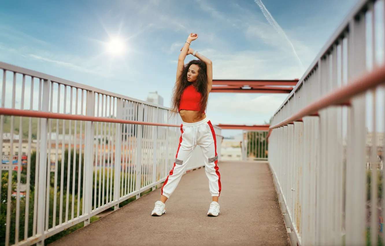 Photo wallpaper girl, sky, bridge, sun, brunet