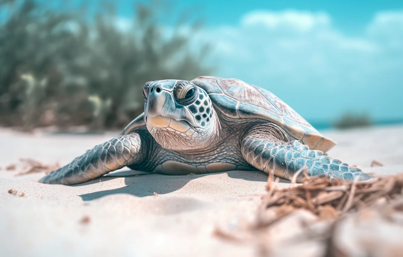 Photo wallpaper turtle, sea turtle, sea, AI art, neural network