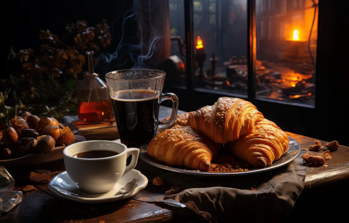 Photo wallpaper table, coffee, mug, Cup, drink, croissant, AI art, neural network