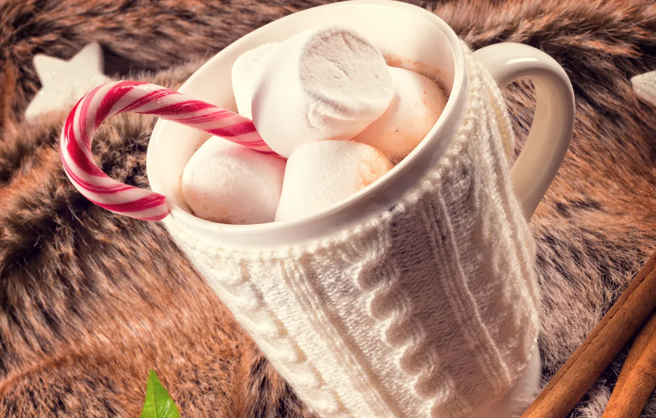 Photo wallpaper candy, Cup, fur, cinnamon, Christmas, sweet, marshmallows, marshmallows
