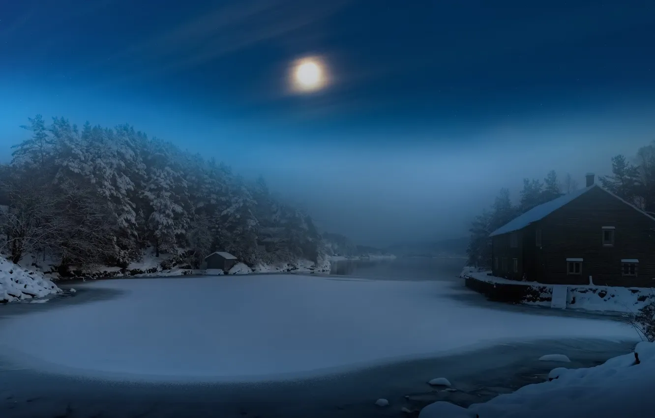 Photo wallpaper ice, winter, forest, the sky, stars, clouds, snow, trees