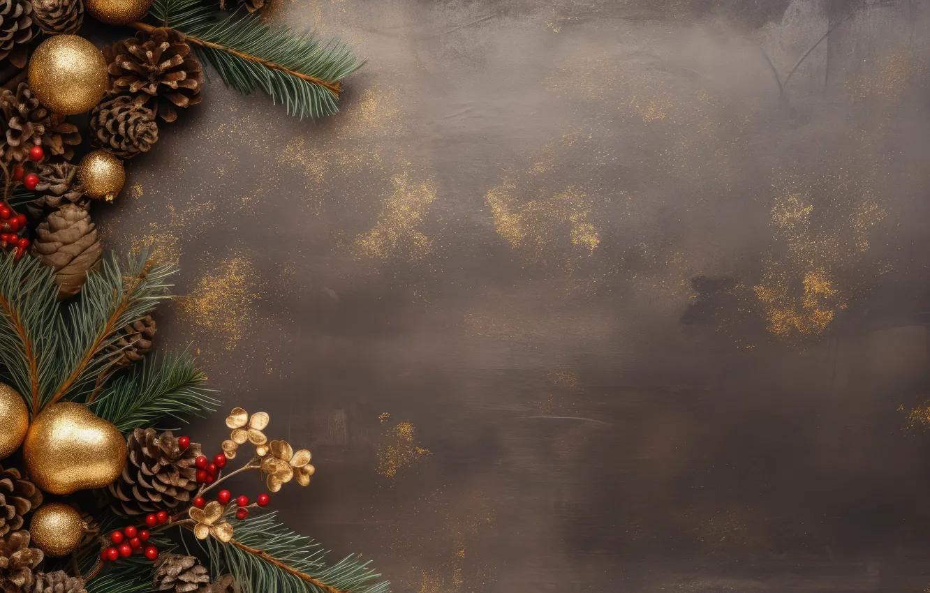 Photo wallpaper balls, branches, berries, new year, fruit, Christmas, needles, bumps