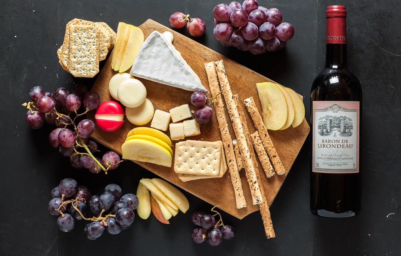 Photo wallpaper wine, apples, cheese, bread, grapes
