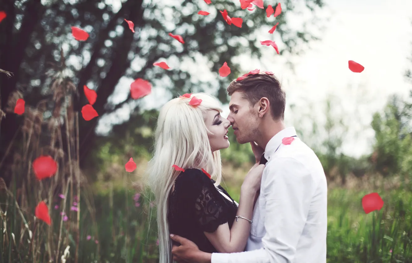 Photo wallpaper kiss, the bride, rose petals, wedding, the groom